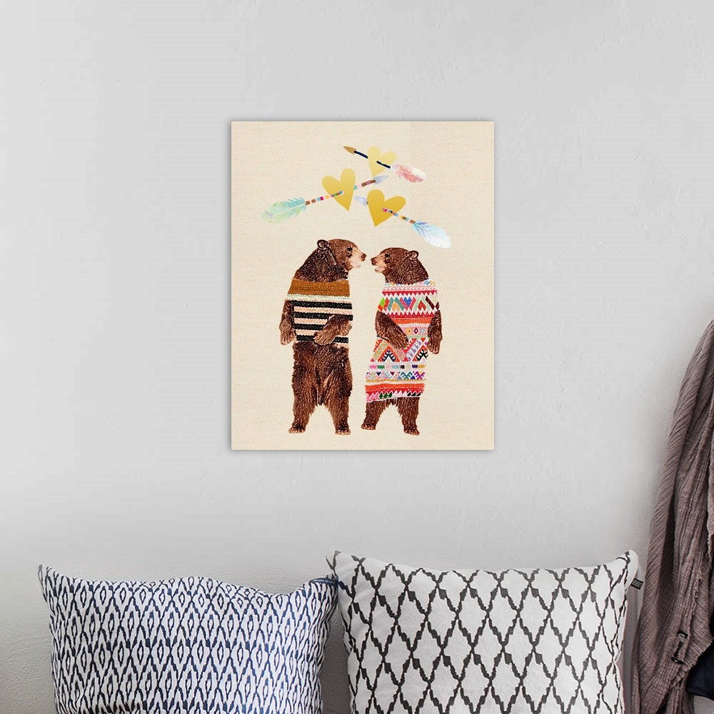 A bohemian room featuring Illustration of a two brown bears wearing clothes facing each other, with arrows and hearts above...