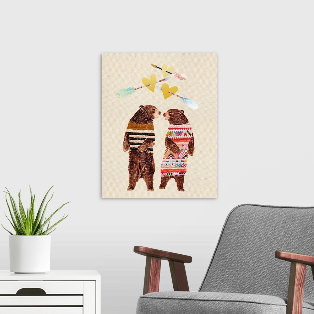 A modern room featuring Illustration of a two brown bears wearing clothes facing each other, with arrows and hearts above...