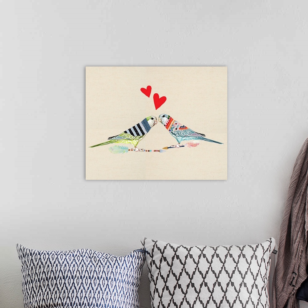 A bohemian room featuring Illustration of two birds perched on arrows, wearing sweaters and red hearts above them on a line...
