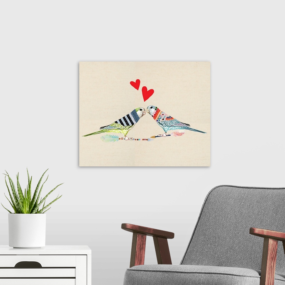 A modern room featuring Illustration of two birds perched on arrows, wearing sweaters and red hearts above them on a line...