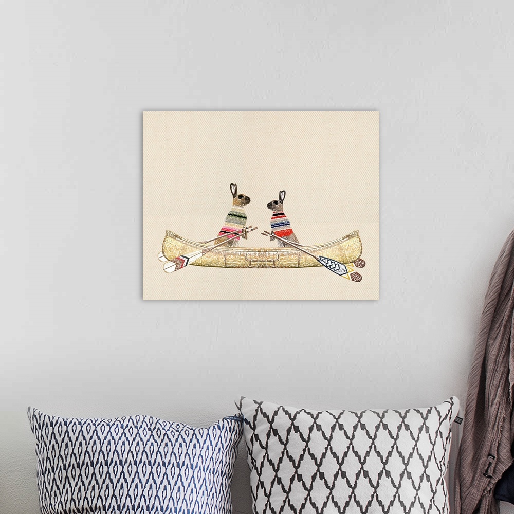 A bohemian room featuring Illustration of tow rabbits wearing sweaters in a canoe on a linen background.