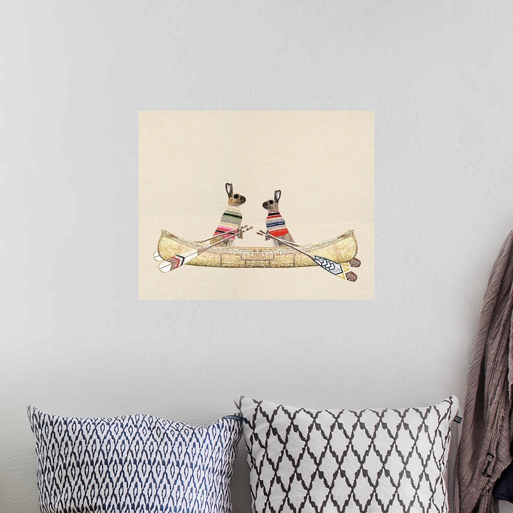 A bohemian room featuring Illustration of tow rabbits wearing sweaters in a canoe on a linen background.