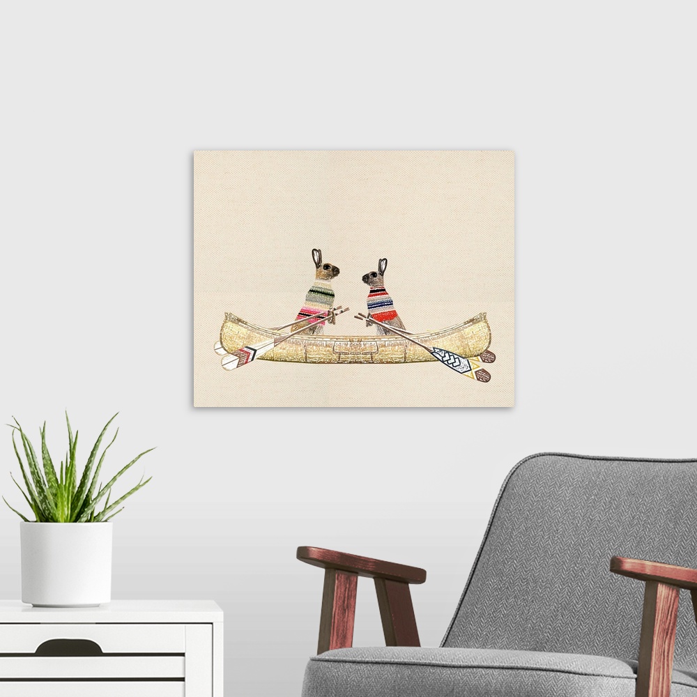 A modern room featuring Illustration of tow rabbits wearing sweaters in a canoe on a linen background.