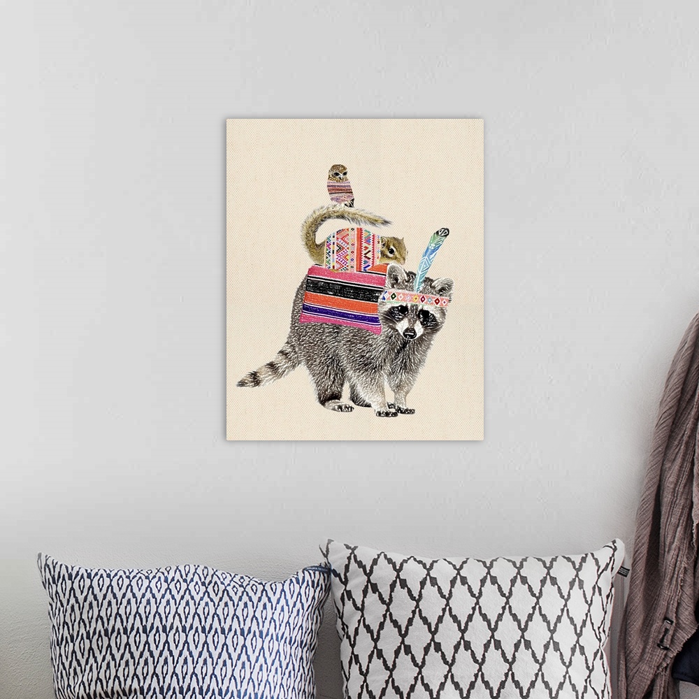 A bohemian room featuring Illustration of a chipmunk and owl riding the back of a raccoon on a linen background.