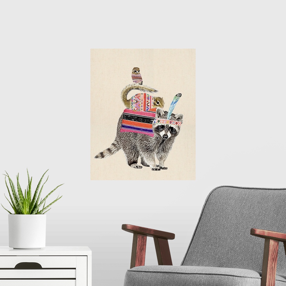 A modern room featuring Illustration of a chipmunk and owl riding the back of a raccoon on a linen background.