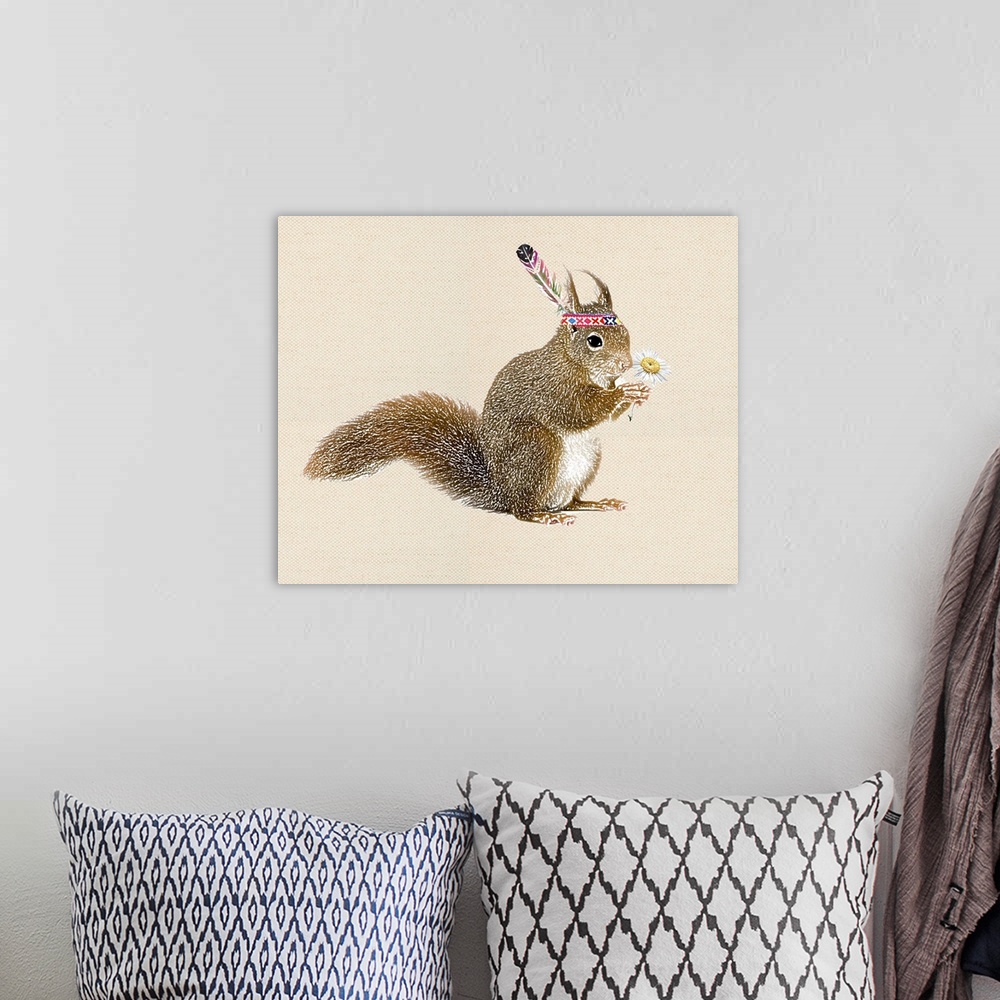 A bohemian room featuring Illustration of a squirrel wearing a headband and feather while holding a daisy on a linen backgr...