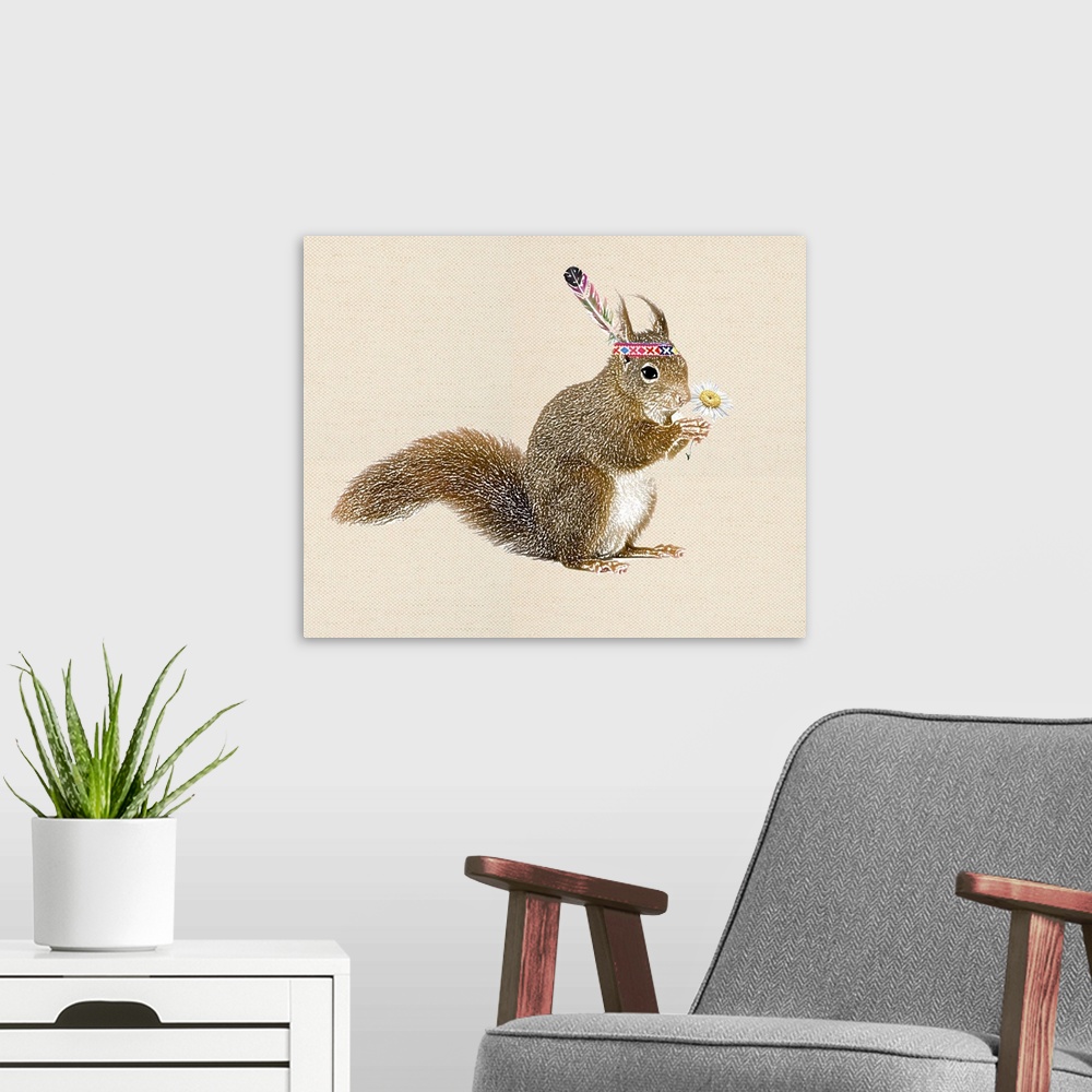 A modern room featuring Illustration of a squirrel wearing a headband and feather while holding a daisy on a linen backgr...