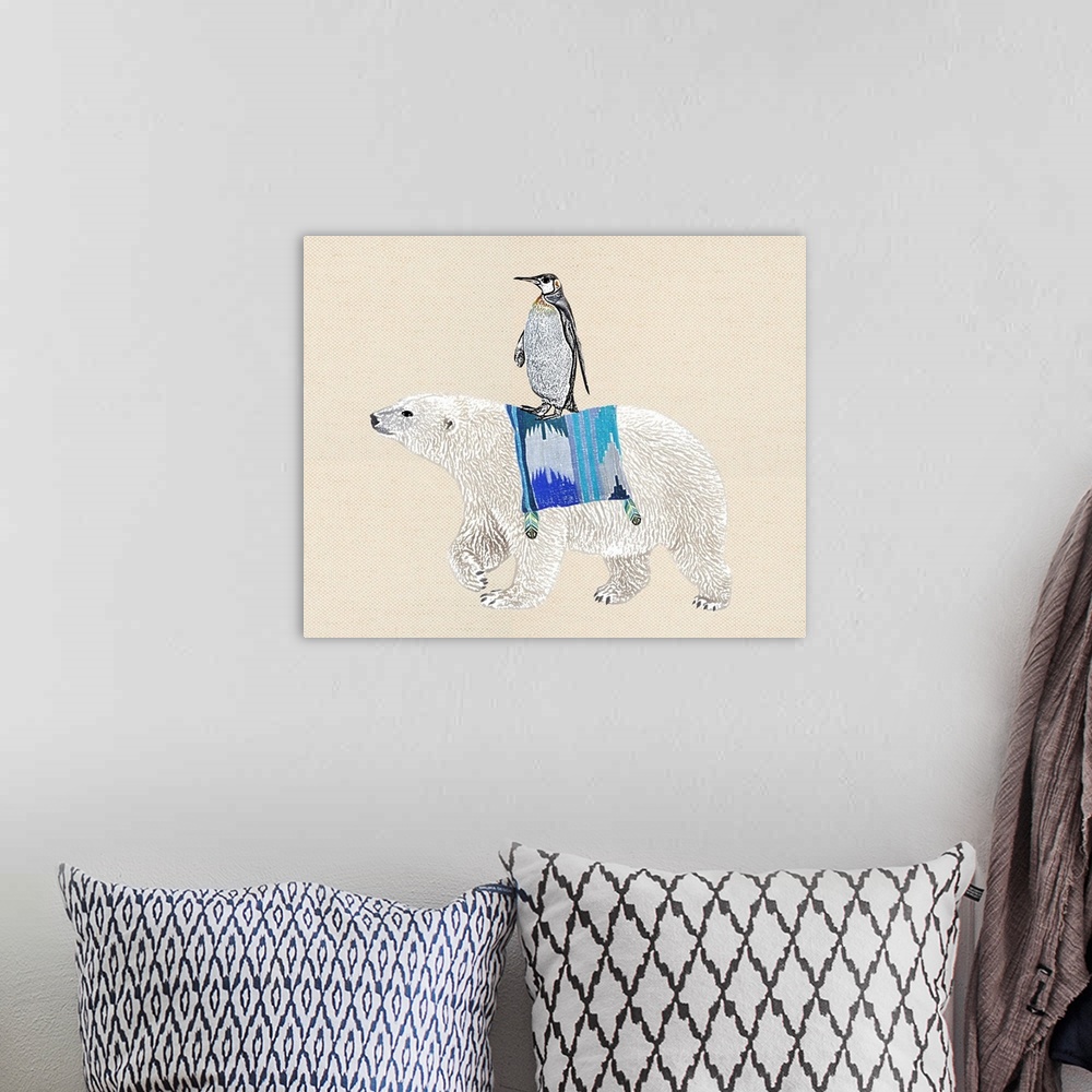 A bohemian room featuring Illustration of a penguin riding the back of a polar bear on a linen background.