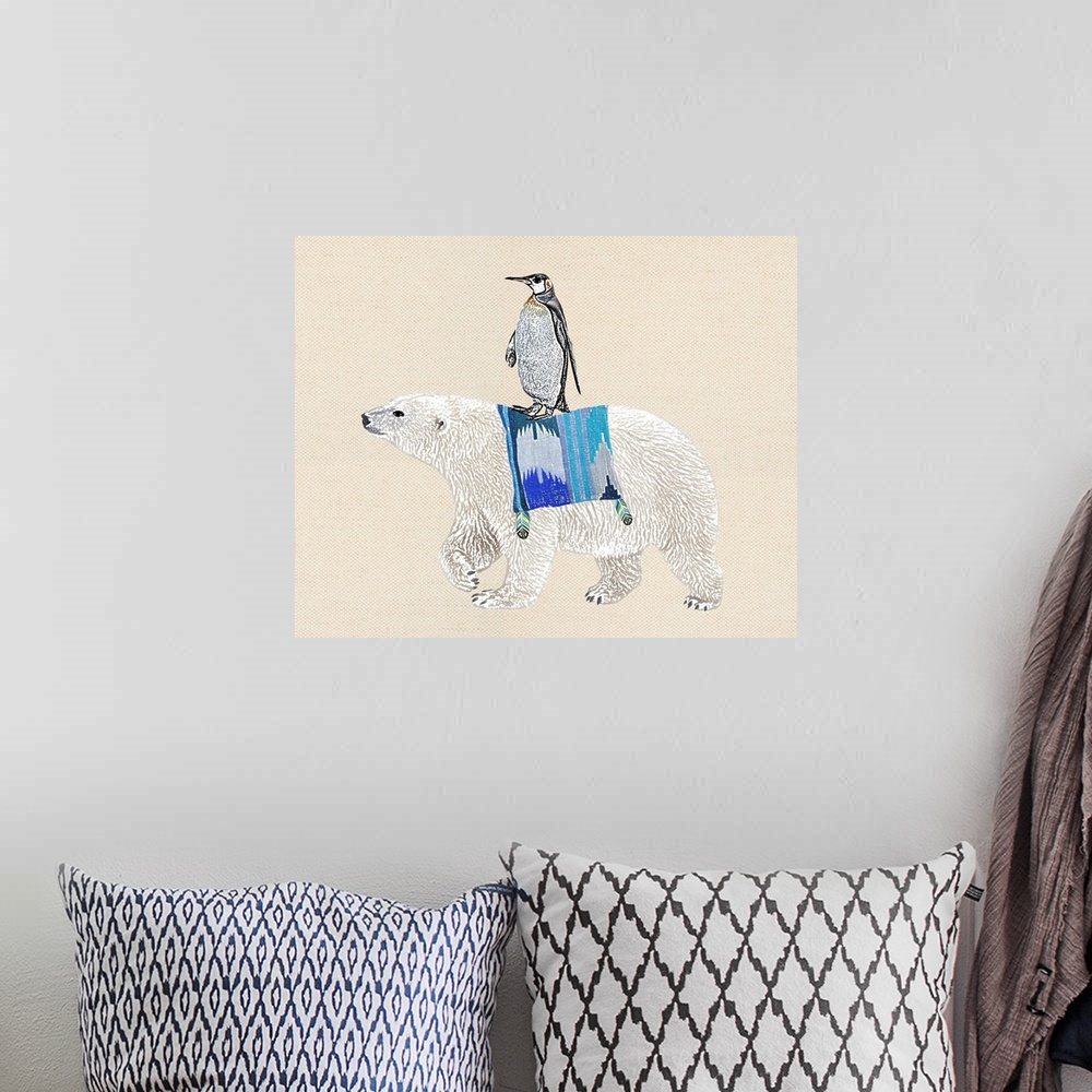 A bohemian room featuring Illustration of a penguin riding the back of a polar bear on a linen background.