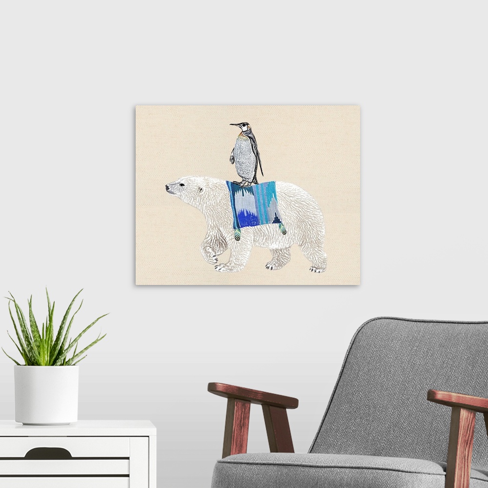 A modern room featuring Illustration of a penguin riding the back of a polar bear on a linen background.