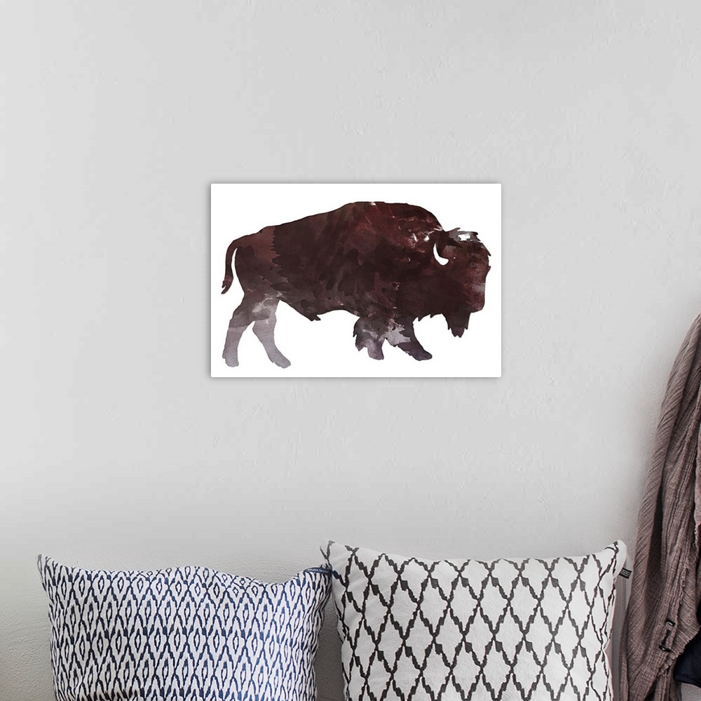 A bohemian room featuring Watercolor painting of a bison.