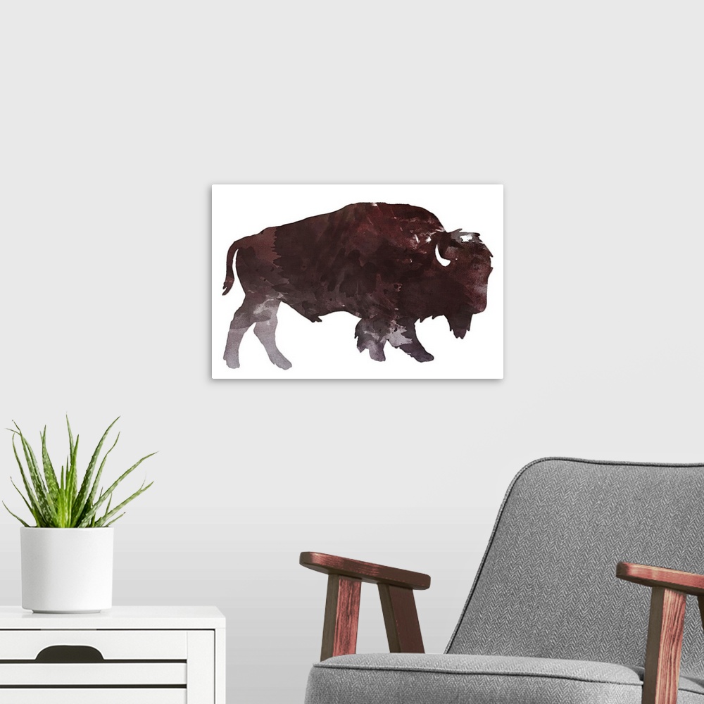 A modern room featuring Watercolor painting of a bison.