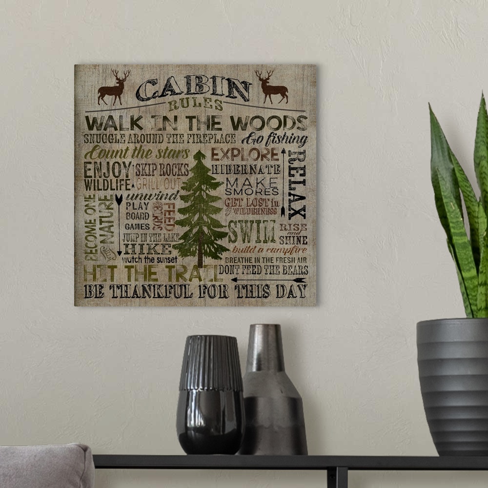 A modern room featuring Typography art of cabin rules with a weathered wood effect.