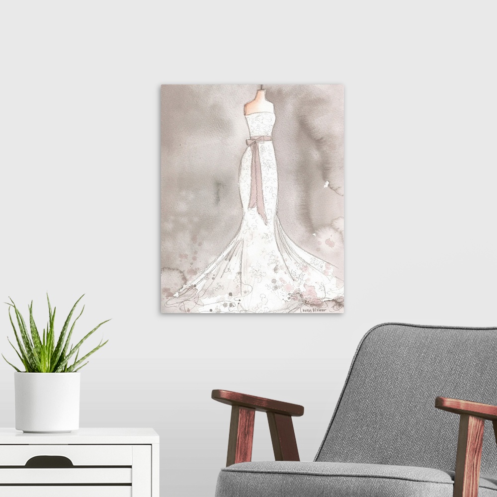 A modern room featuring Watercolor painting of a white wedding dress on a dress form.