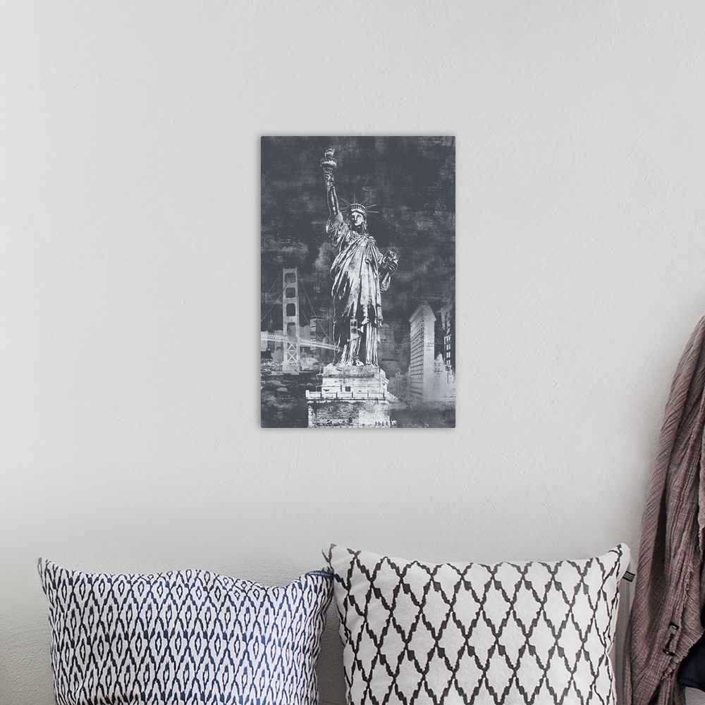 A bohemian room featuring A large decorative image of the Statue of Liberty and other New York landmarks behind it, done in...
