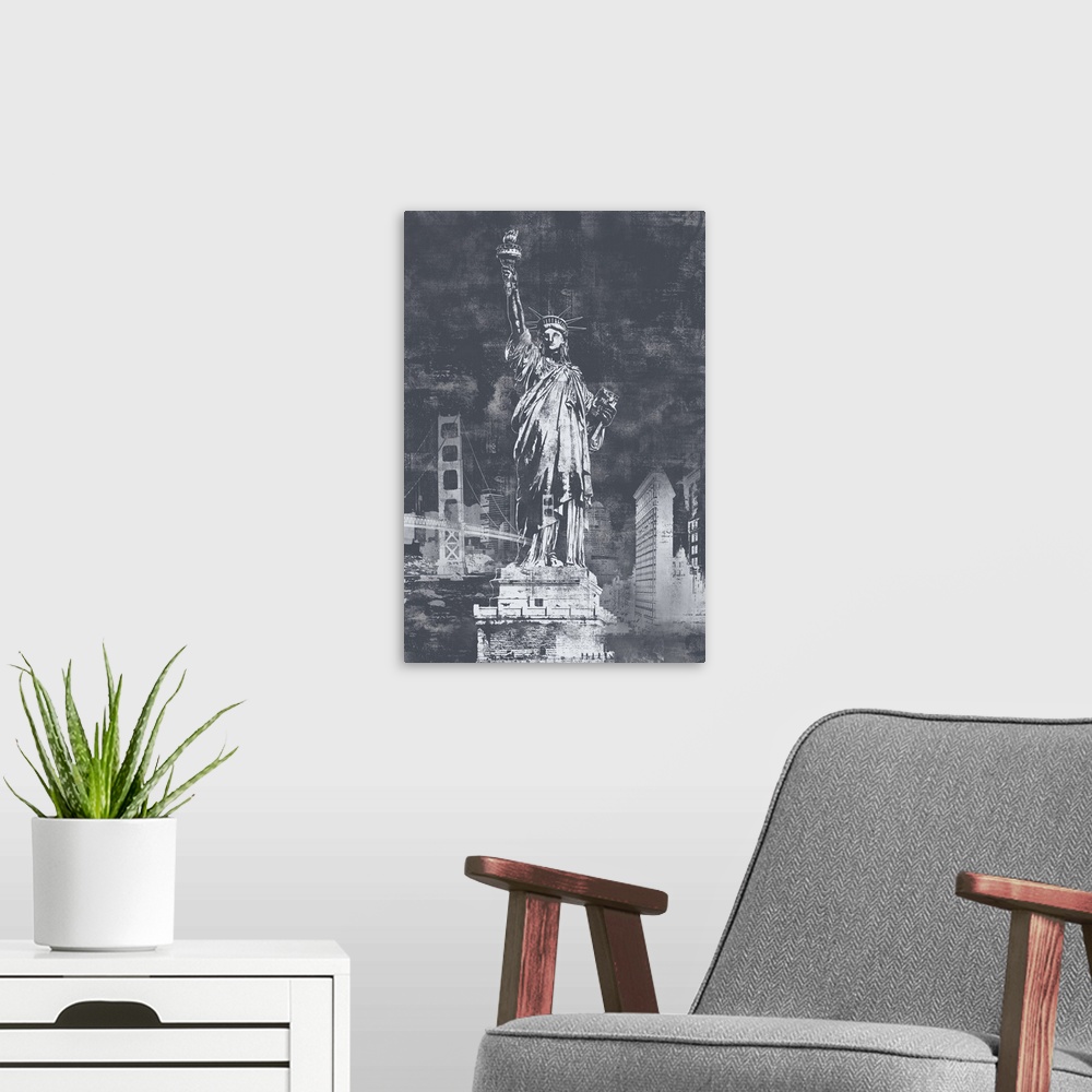 A modern room featuring A large decorative image of the Statue of Liberty and other New York landmarks behind it, done in...