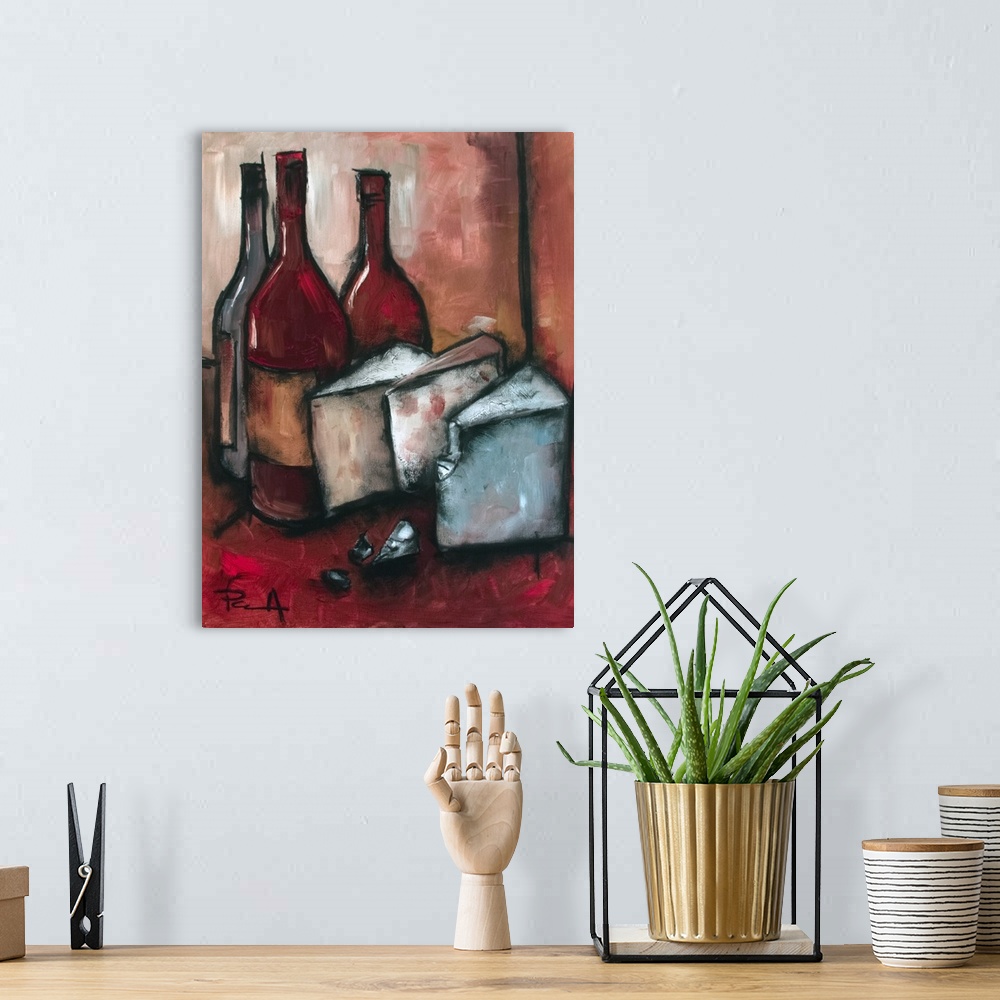 A bohemian room featuring Three bottles of wine with cheese.