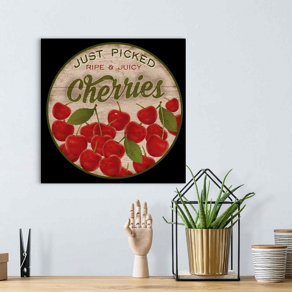 A bohemian room featuring Round wooden sign for fresh cherries.