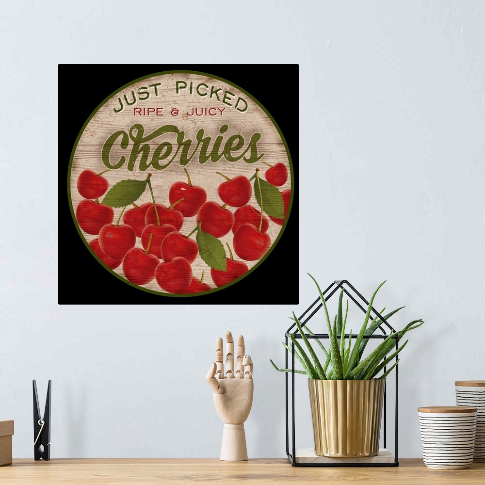 A bohemian room featuring Round wooden sign for fresh cherries.