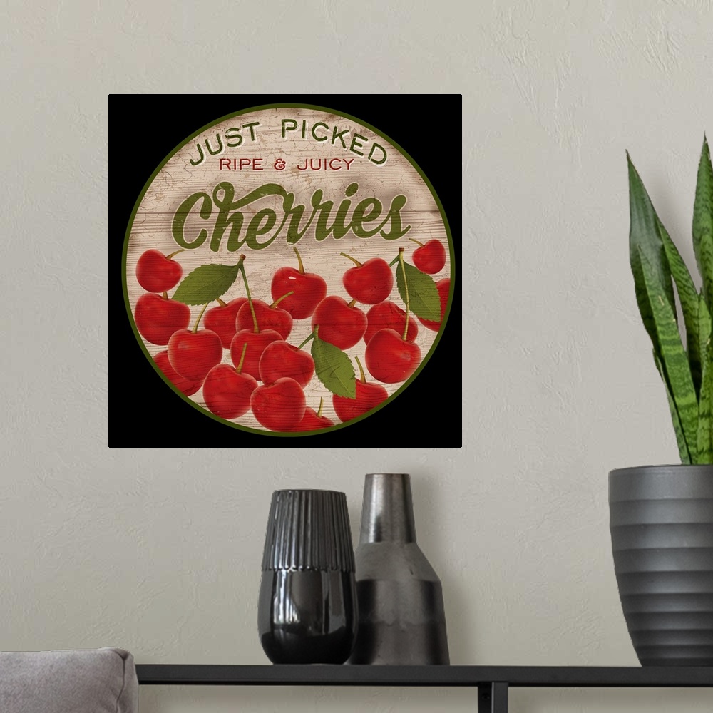 A modern room featuring Round wooden sign for fresh cherries.