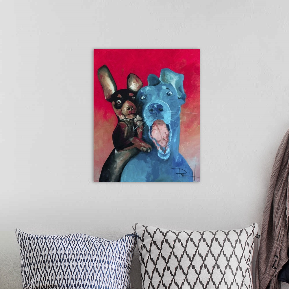 A bohemian room featuring Painting of two dogs with floppy ears and funny expressions.