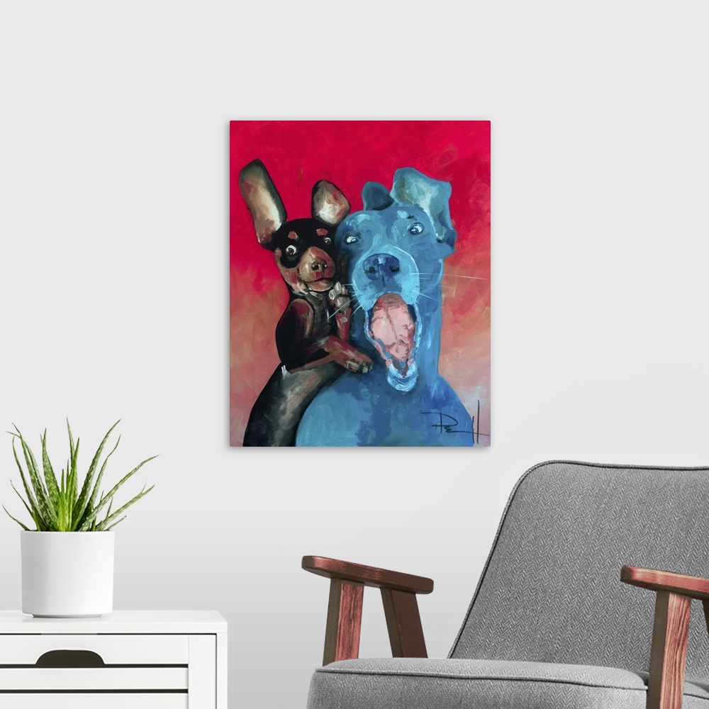 A modern room featuring Painting of two dogs with floppy ears and funny expressions.