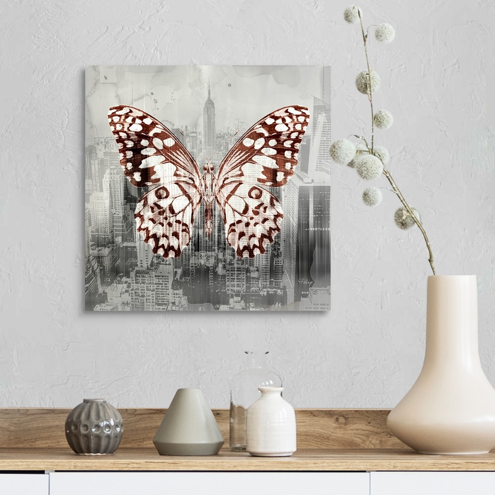 A farmhouse room featuring Creative artwork of a white and brown butterfly over a faded aerial cityscape image of New York i...