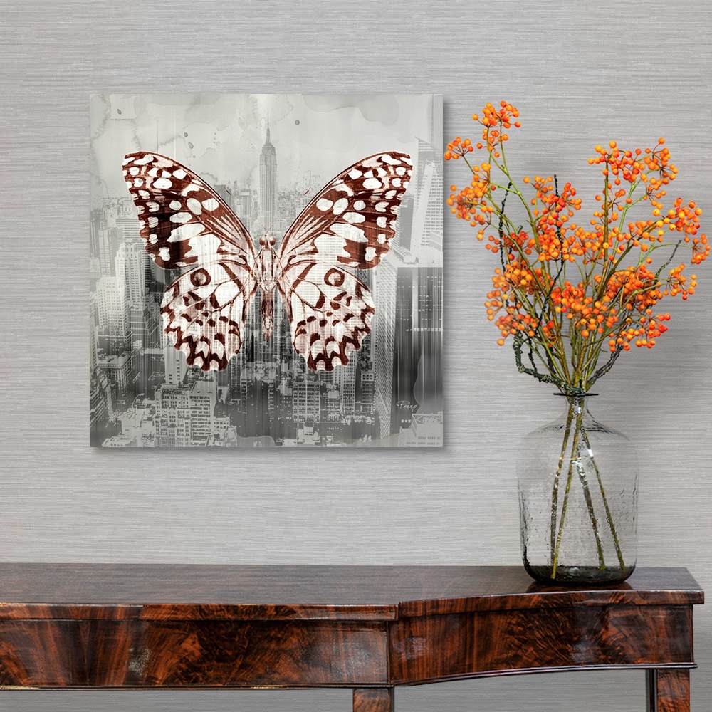 A traditional room featuring Creative artwork of a white and brown butterfly over a faded aerial cityscape image of New York i...