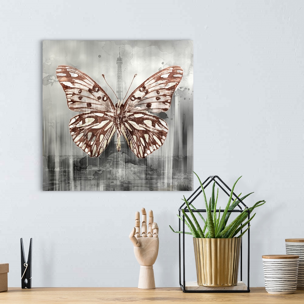 A bohemian room featuring Creative artwork of a white and brown butterfly over a faded image of the Eiffel Tower in gray st...