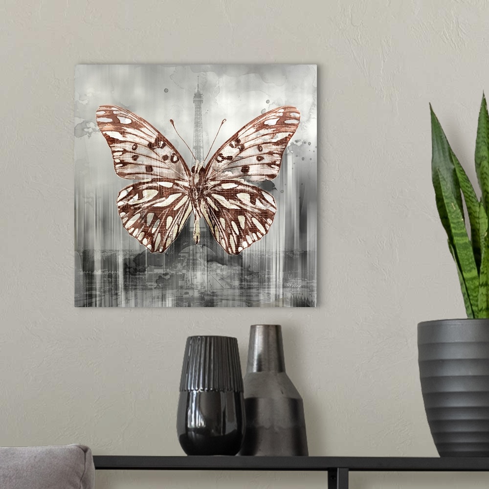 A modern room featuring Creative artwork of a white and brown butterfly over a faded image of the Eiffel Tower in gray st...