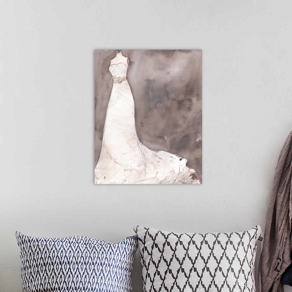 A bohemian room featuring Watercolor painting of a white wedding dress on a dress form.