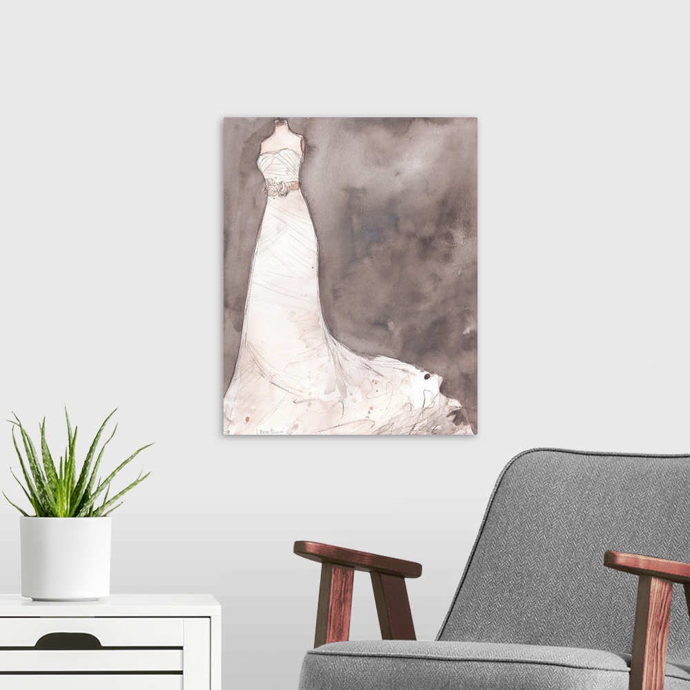 A modern room featuring Watercolor painting of a white wedding dress on a dress form.