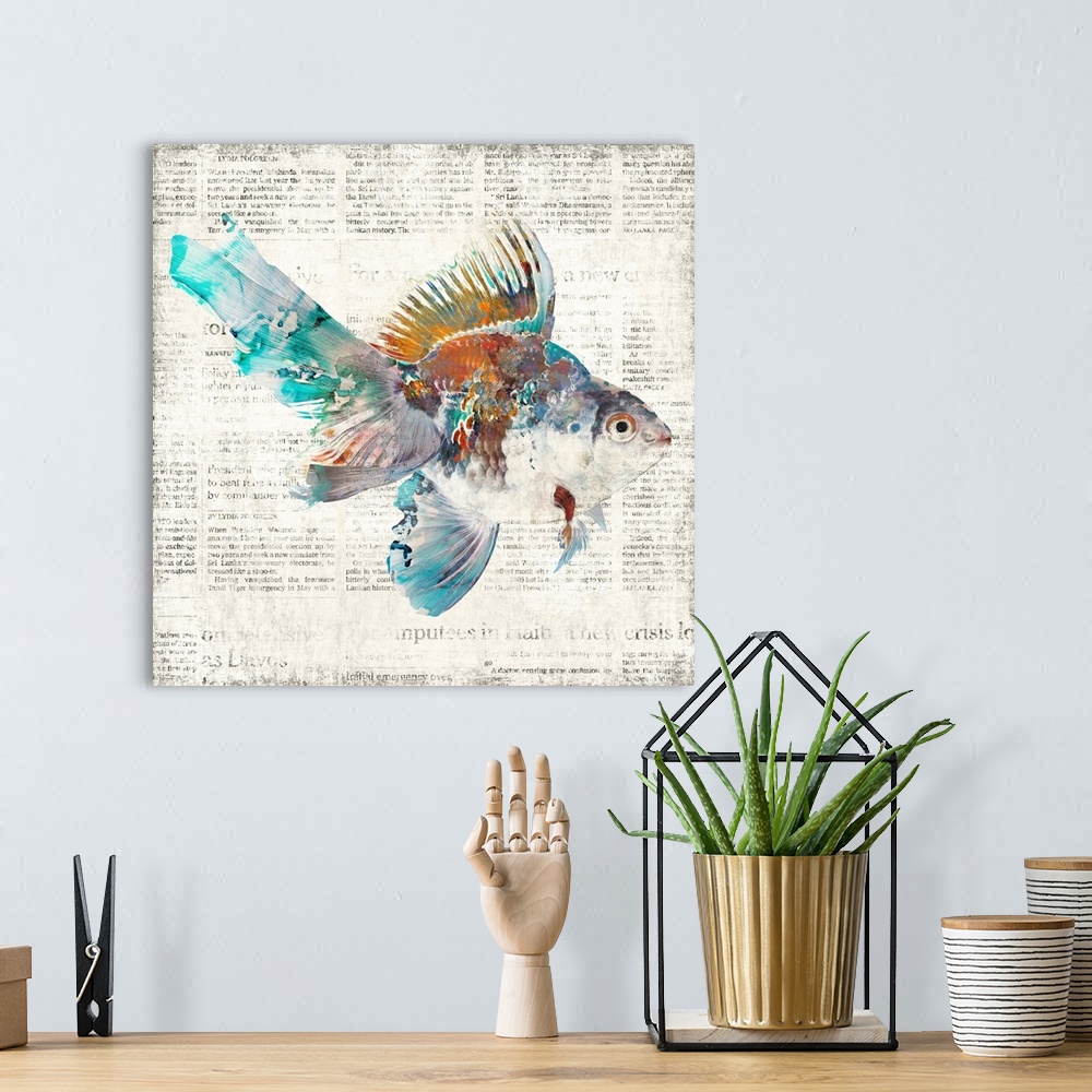A bohemian room featuring A decorative image of a multi-colored fish on a faded newspaper backdrop.
