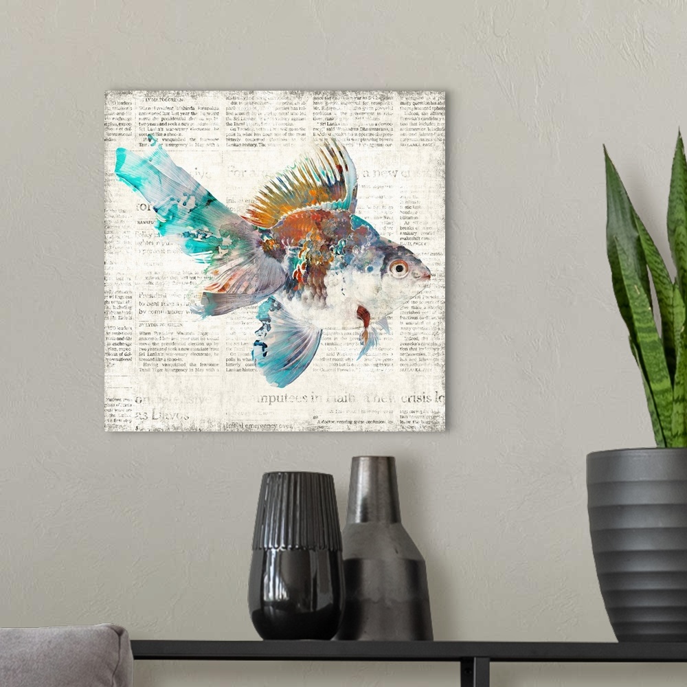 A modern room featuring A decorative image of a multi-colored fish on a faded newspaper backdrop.
