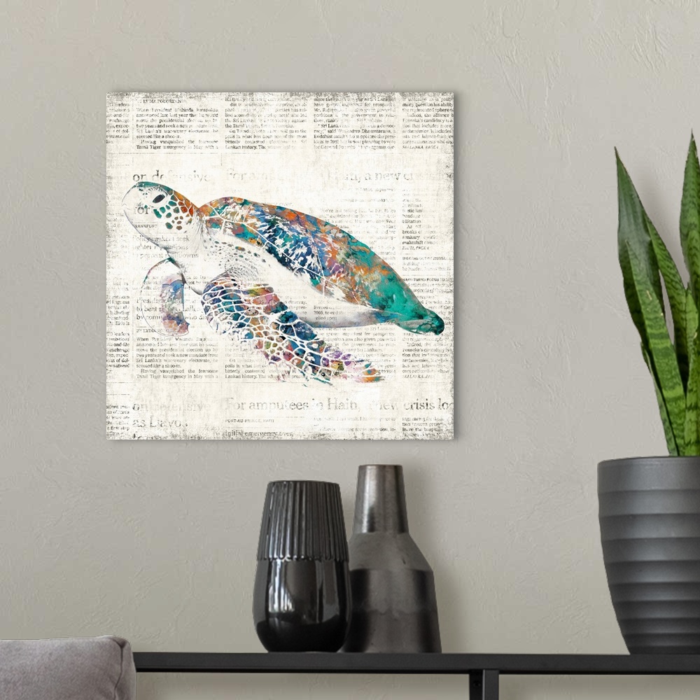 A modern room featuring A decorative image of a multi-colored turtle on a faded newspaper backdrop.