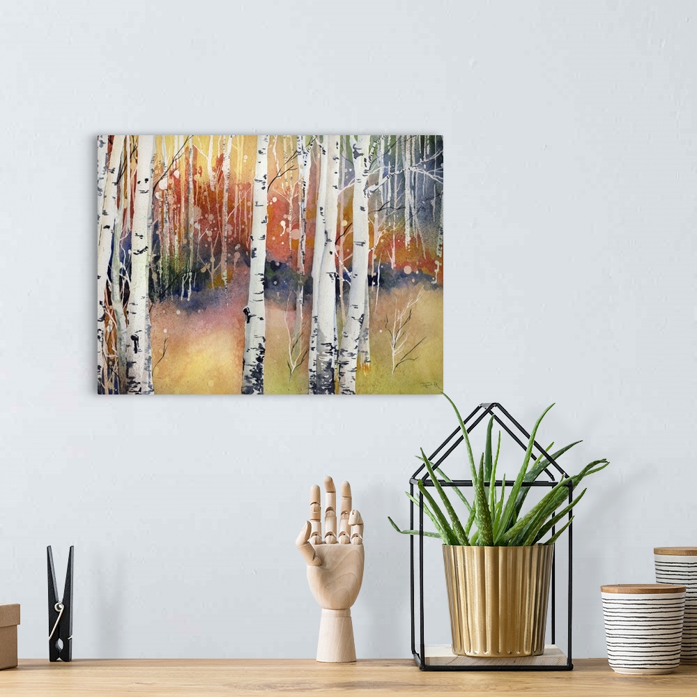 A bohemian room featuring Painting of an aspen forest in fall colors.