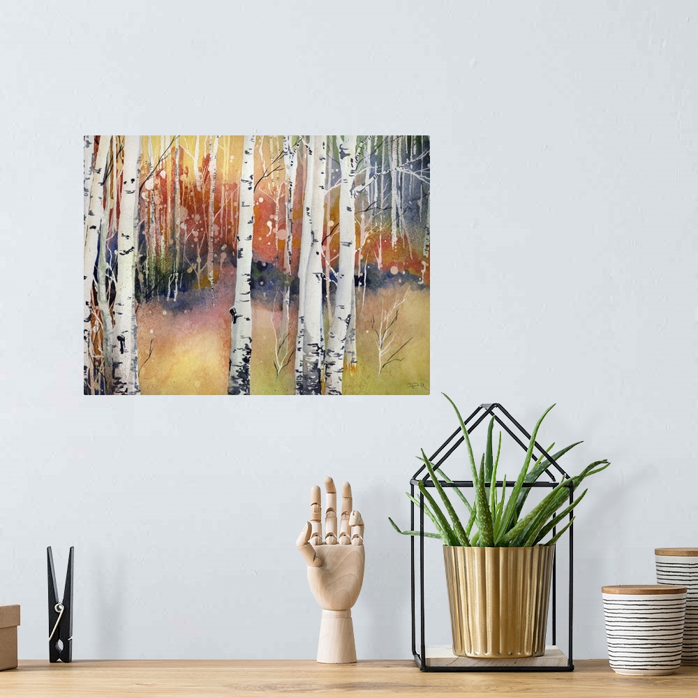 A bohemian room featuring Painting of an aspen forest in fall colors.