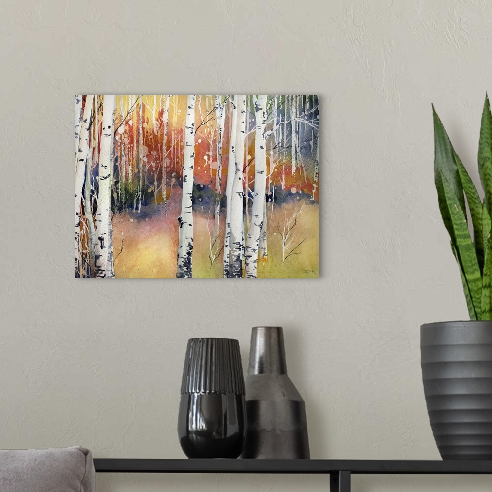 A modern room featuring Painting of an aspen forest in fall colors.