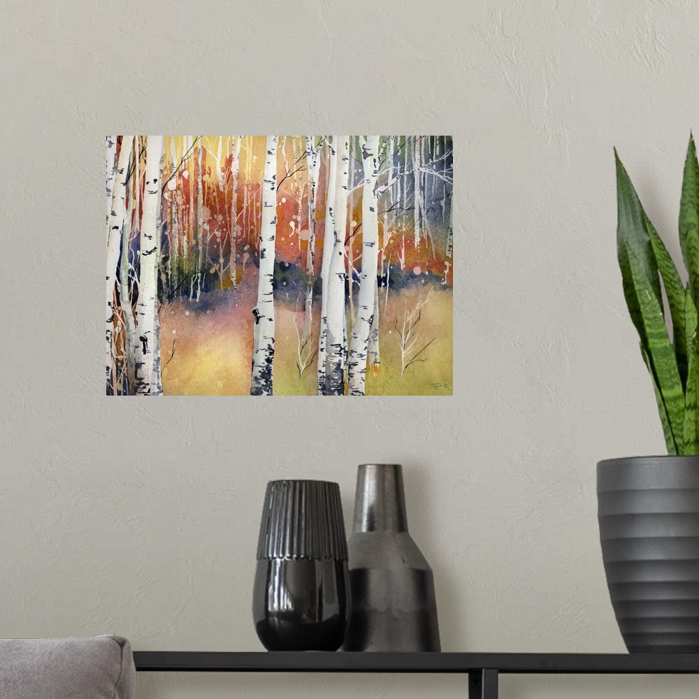 A modern room featuring Painting of an aspen forest in fall colors.