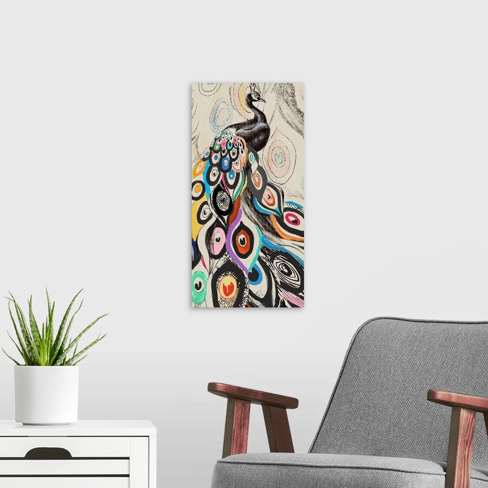 A modern room featuring A drawing of a peacock with colorful feathers on a pastel patterned background.