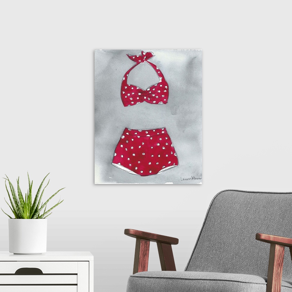 A modern room featuring Watercolor painting of a red bikini with white polka dots.