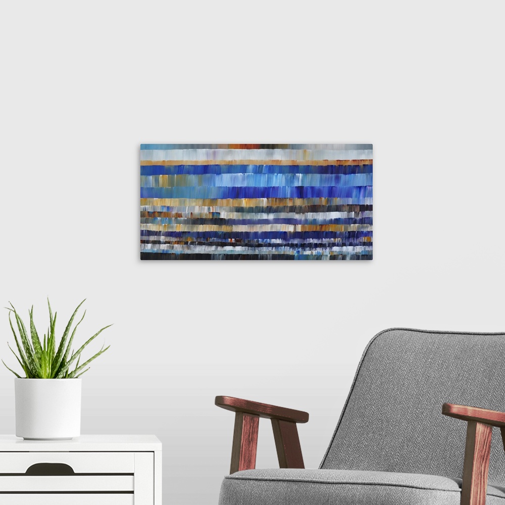 A modern room featuring Abstract painting in layers of blue tones.