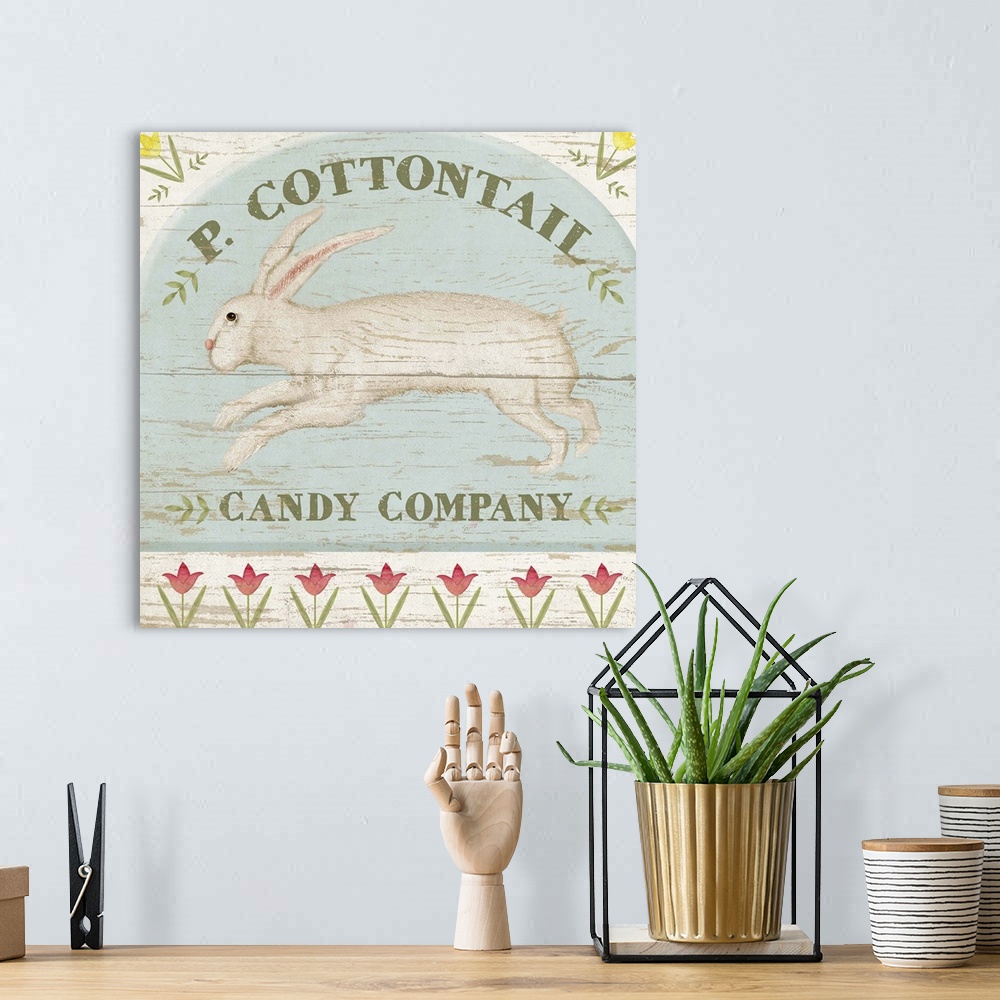 A bohemian room featuring Vintage style artwork of a white rabbit on a wooden sign for a candy shop.
