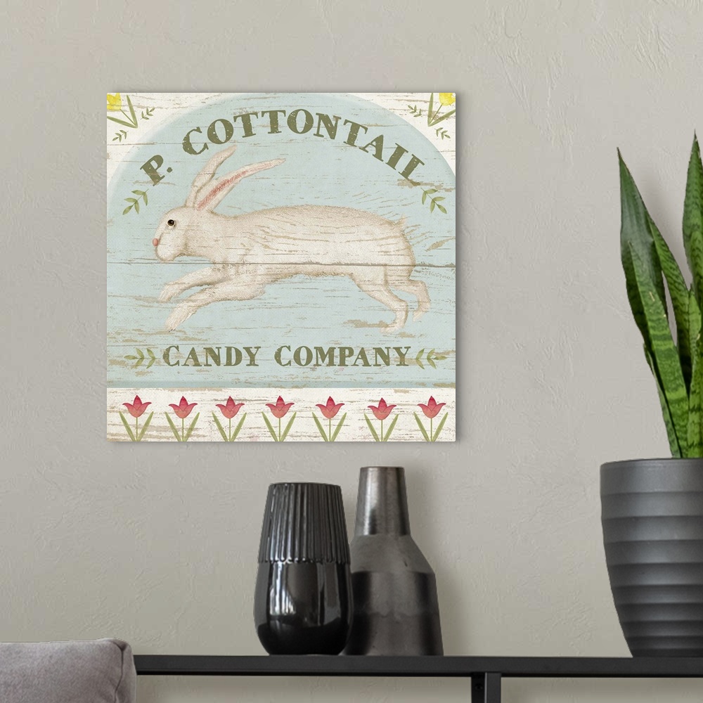 A modern room featuring Vintage style artwork of a white rabbit on a wooden sign for a candy shop.
