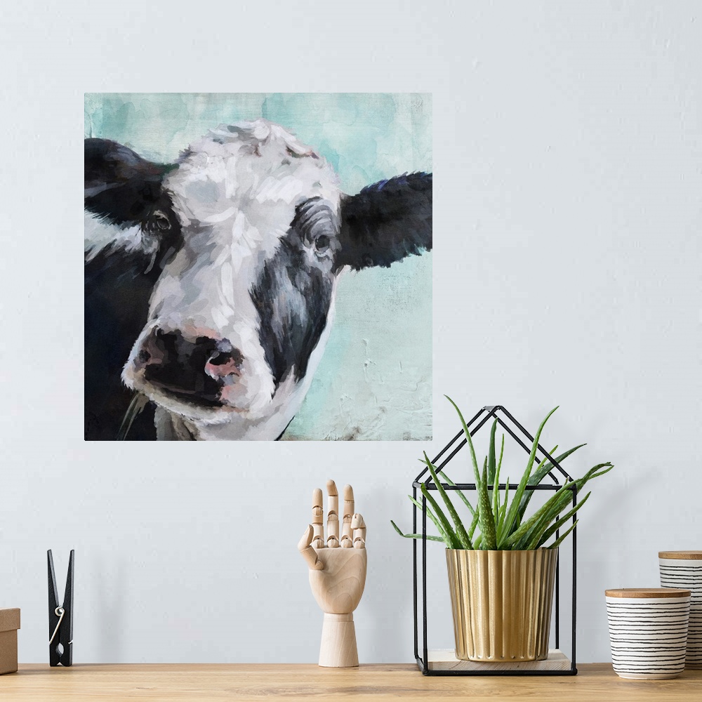 A bohemian room featuring A contemporary painting of a black and white cow on a pale blue background.