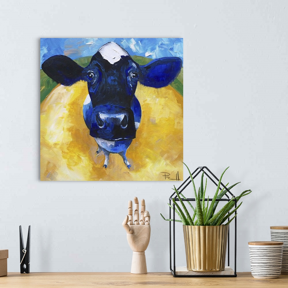 A bohemian room featuring Portrait of a curious cow.