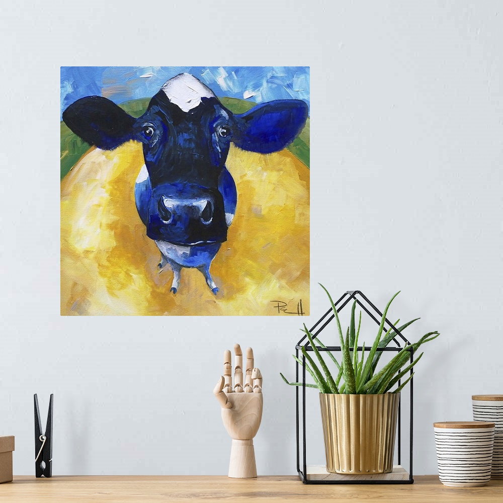 A bohemian room featuring Portrait of a curious cow.