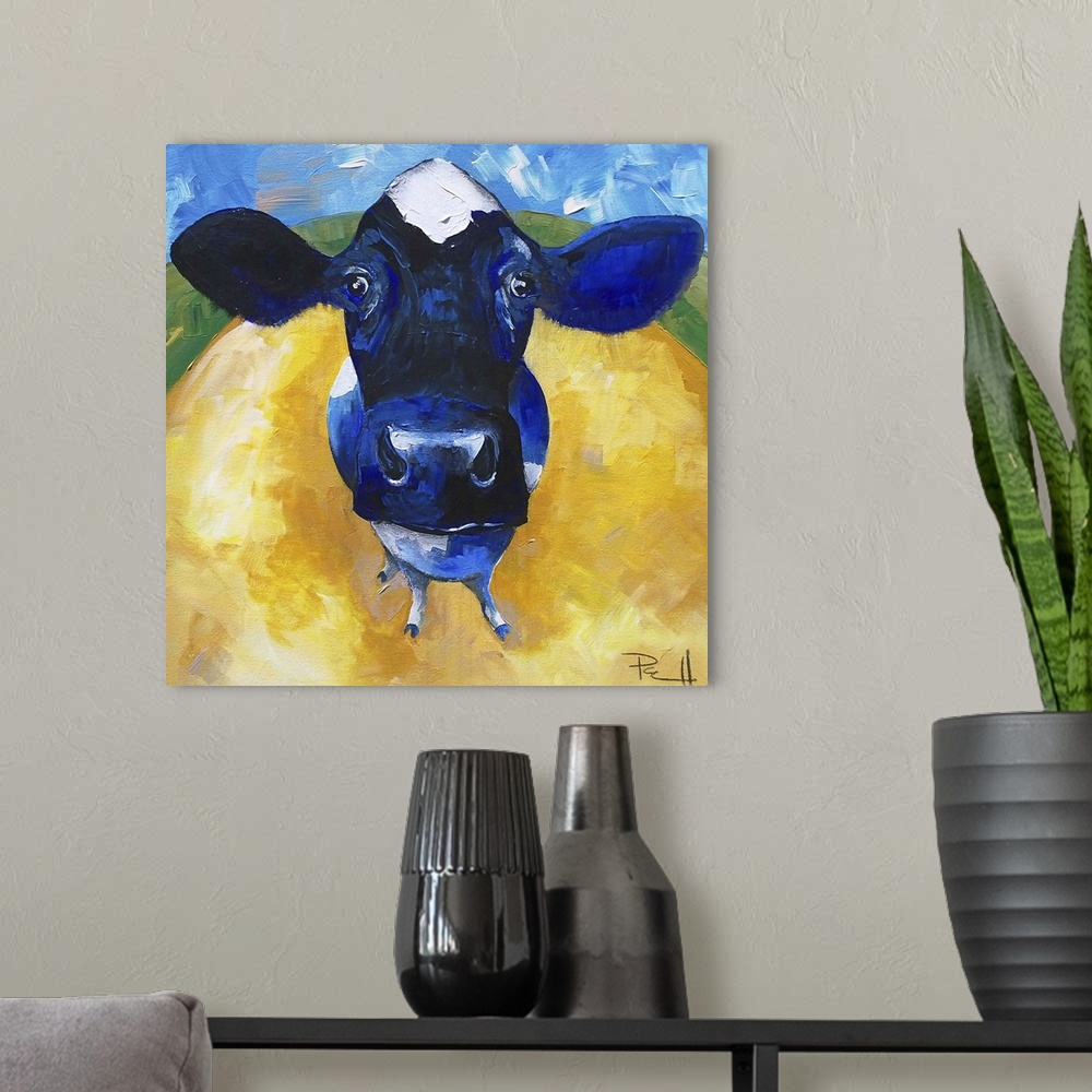 A modern room featuring Portrait of a curious cow.