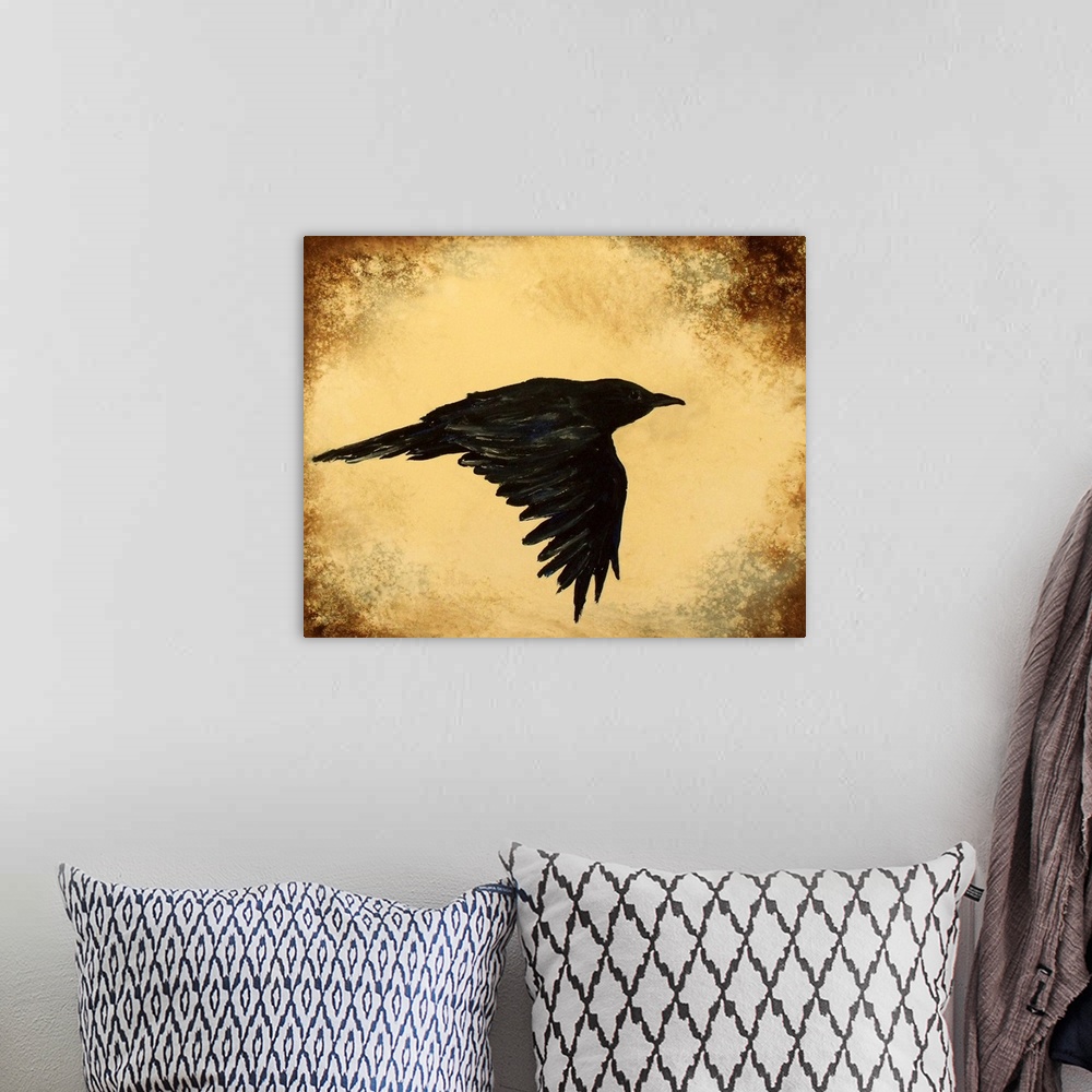 A bohemian room featuring A black crow in flight.