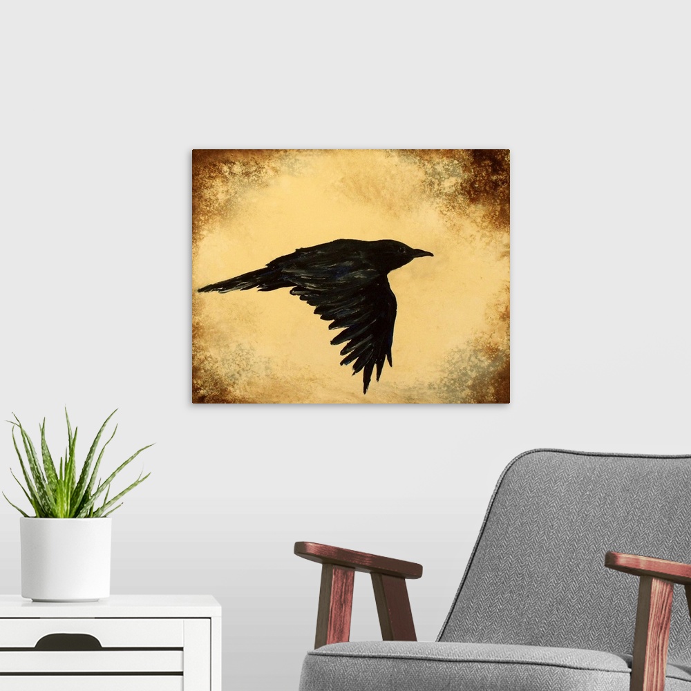 A modern room featuring A black crow in flight.